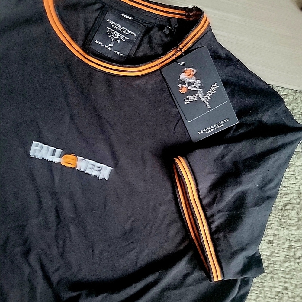 Denim & Flower Black Tee with Orange Accents